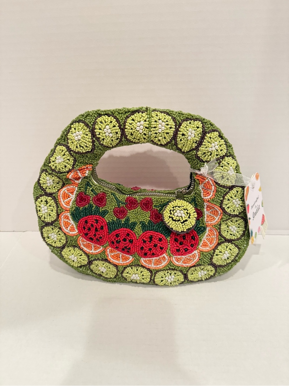 Viral NWT India Beaded Fruit Motif Handbag in Green and Red